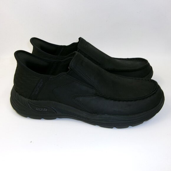 Skechers Black Suede Leather Slip Ins Men's 9.5 Parson Oswin Wide Fit‎ Shoes EUC - Picture 1 of 7